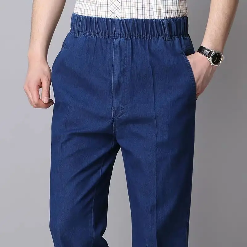 Pantalon en jean droit pour hommes, vêtements de travail en plein air durables, taille élastique, décontracté, jambes larges, épais, en coton, Denim, classique, ample, papa