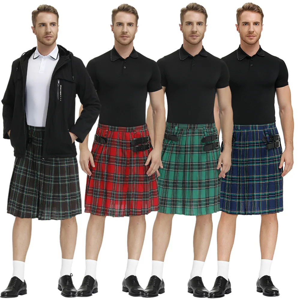 Men's Plaid Pleated Skirt Costume Scottish Traditional Holiday Kilt Stage Performance Skirt Red Blue Green Brown M-XL