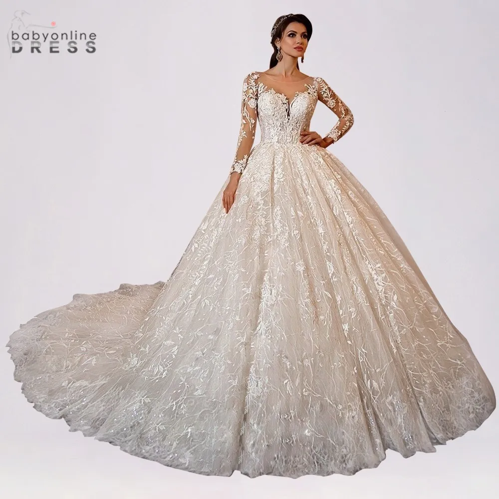 Elegant Dubai Lace Ball Gown Wedding Dresses Long Sleeves V Neck Luxury Chaple Train Bridal Gowns Vestido De Novia Customized