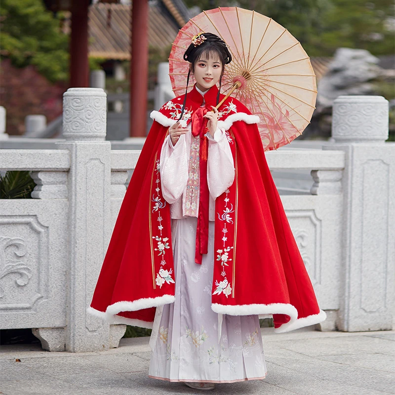 Hanfu Mantel Vrouwen Winter Warme Jas Chinese Mode Pluche Overjas Hooded Kostuum Oude Traditionele Cosplay Dames Kleding Rood