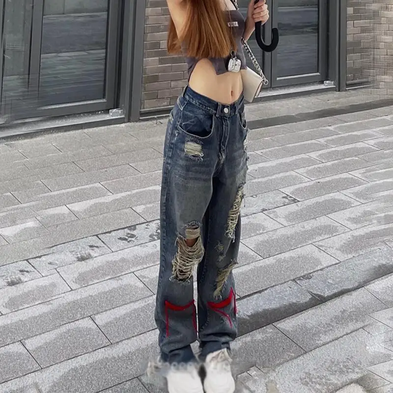 

Vintage Ripped Jeans Denim Hippie Pants Hip Hop Do Old Straight Leg Jeans Women Low Waist Grunge Pants Hole Streetwear y2k Jeans