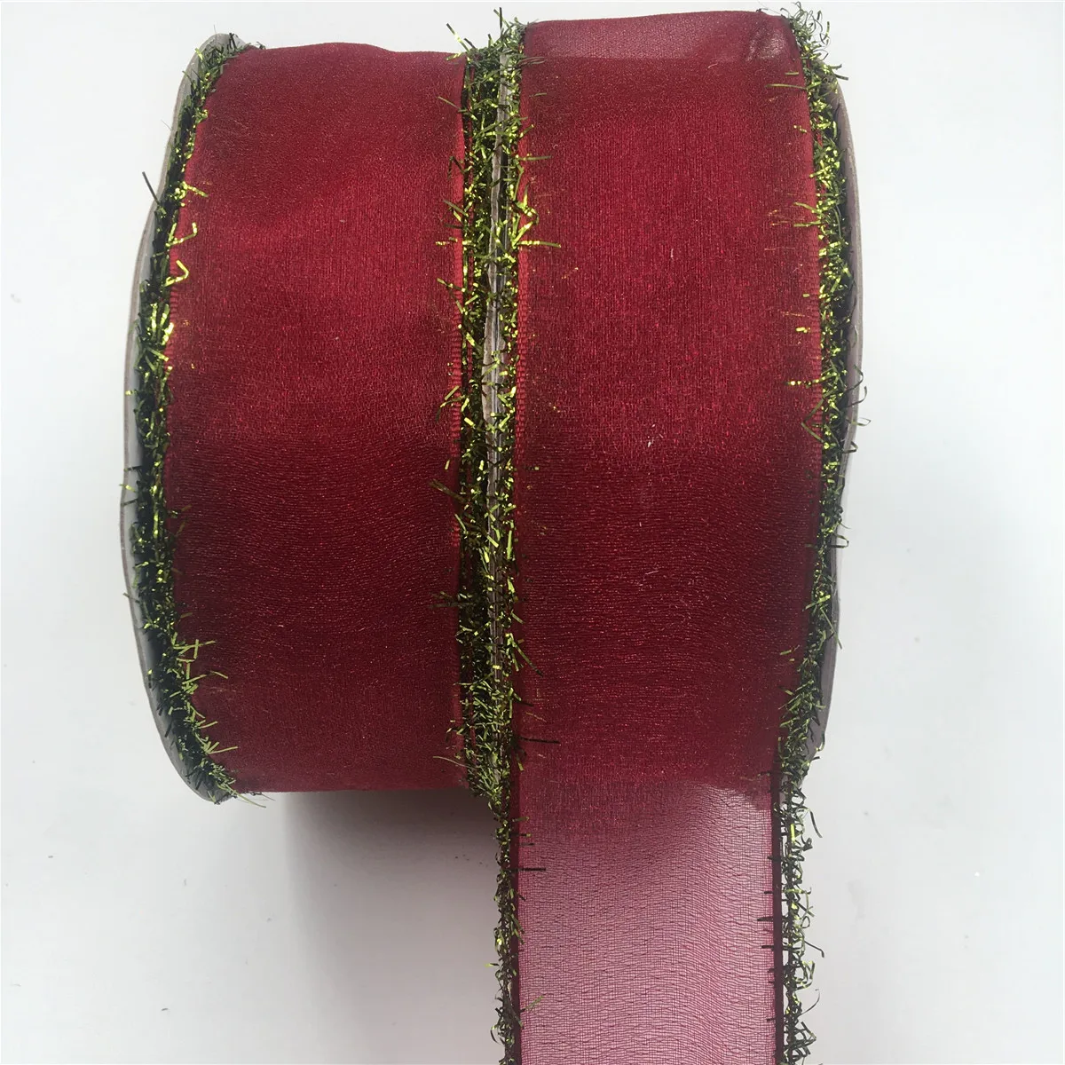 

25YARDS 38MM Wired Edge Wine Organza Ribbon with Green Fringe for Birthday Decoration Chirstmas Gift DIY Wrapping 1-1/2" N2037