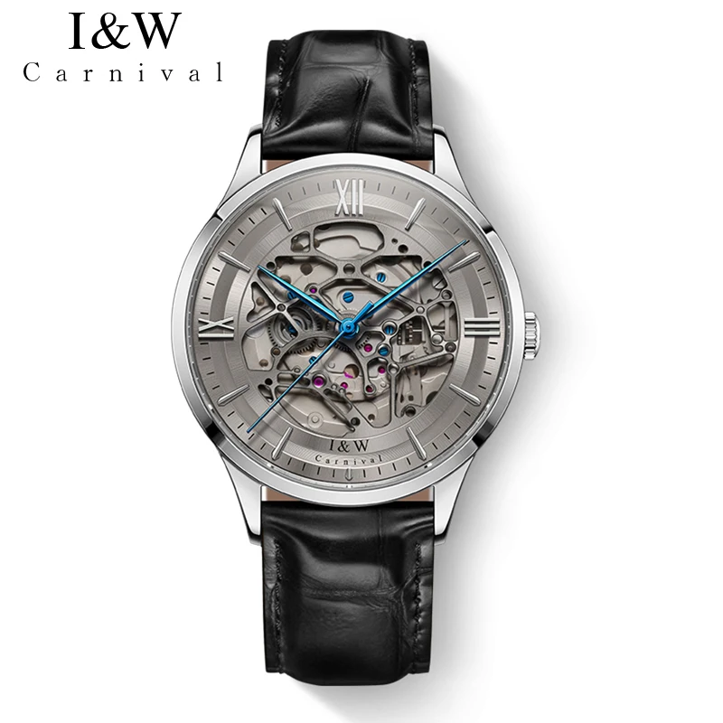 IW Luxury Brand Automatic Mechanical Watch Men Retro Gray Hollow Dial Sapphire Mirror Leather Strap Waterproof Watches Reloj