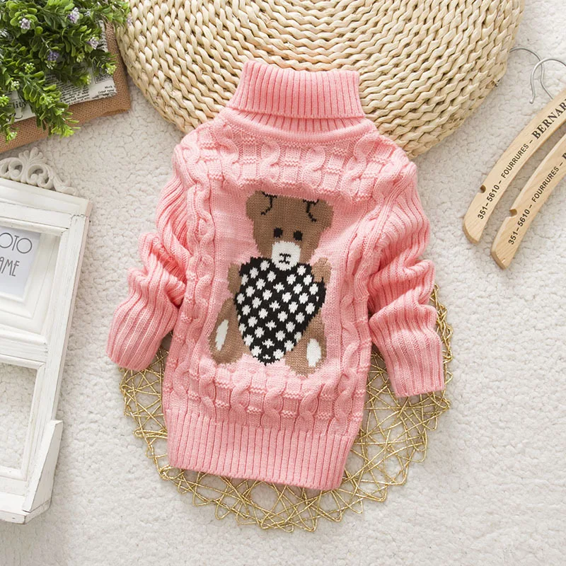 1-8 Years Warm Cute Winter Boys Girls Sweater Cartoon Bear Knitted Bottoming Turtleneck 2021 Children Birthday Present Sweater