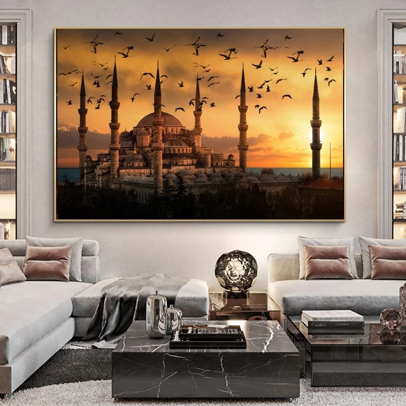 Muslim Mosque Sunset View Canvas Paintings Wall Art Posters Islamic Art Realistic Landscape Decorative Pictures Decoration