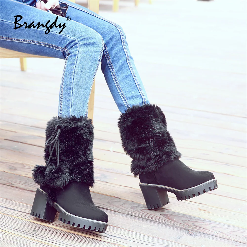 Brangdy Winter Women Shoes Женские сапо PU Non-Slip Square Heels Women Round Toe Fur Ball Womens Winter Mid Calf Boots Keep Warm