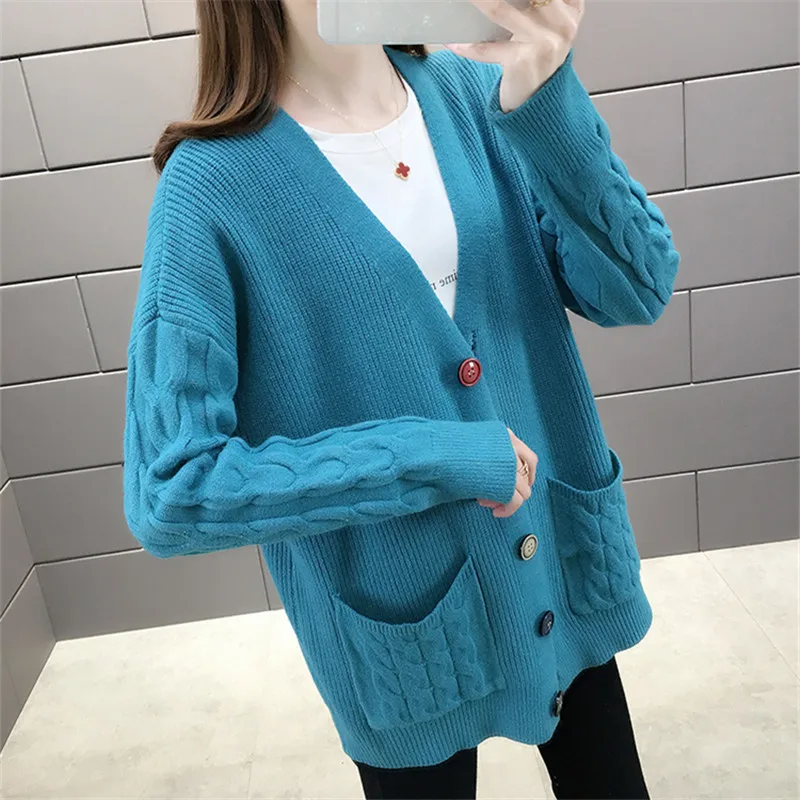 Suéter de punto con cuello en V para mujer, chaqueta holgada de manga larga con bolsillo grande, Color sólido, moda coreana