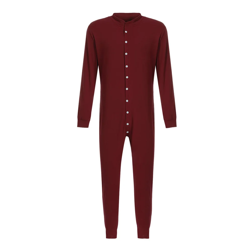 Mens Jumpsuit Romper Pajamas Button Down Single-breasted Bodysuit Long Sleeve Bodycon Sleepwear Male Autumn Solid Home Clothes