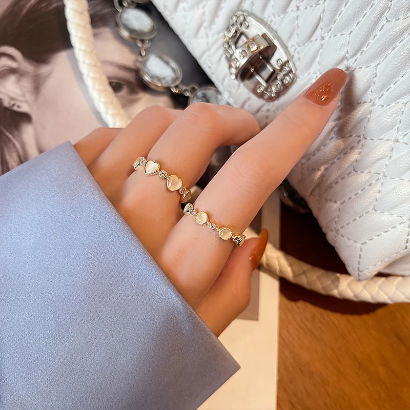 Sweet Heart-shaped Opals Zircon Gold Color Open Rings For Womans 2025 Korean Fashion Jewelry Girl's Finger Elegant  Accessories