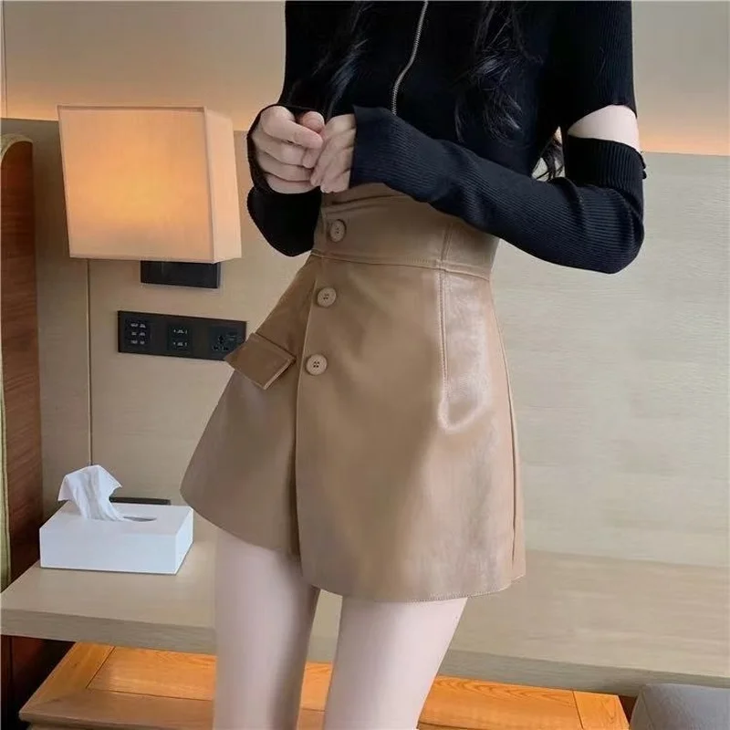 Shorts Women Solid Simple Fashion All-match Irregular Leisure High Waist Button Korean Style Female Streetwear Bottoms PU Retro