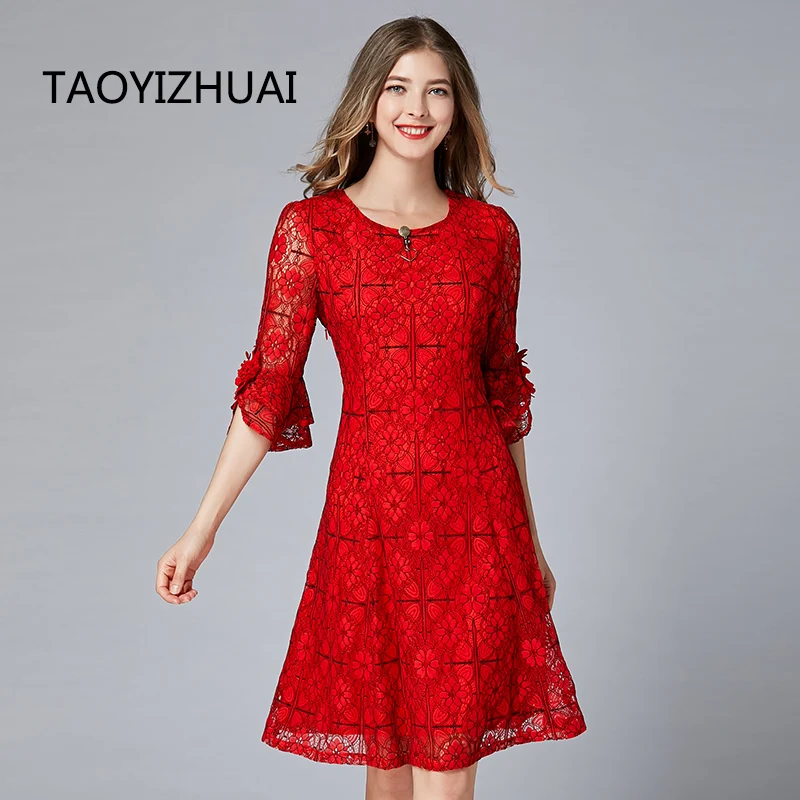 TAOYIZHUAI casual style lace women dress plus size flare sleeves o neck loose waist flower print  a line hollow out  female