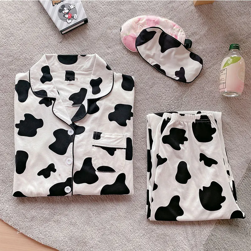 Cow Print Pajamas for Women Cute Home Suit Sleepwear Set Winter Pyjamas Women Homewear Pijama Mujer Home Clothes for Women