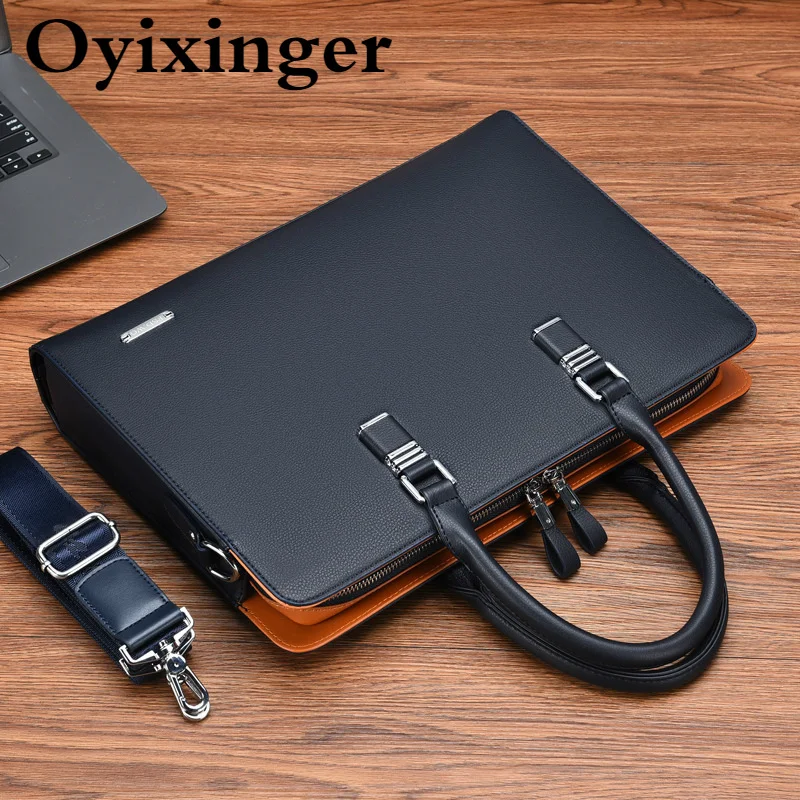 OYIXINGER Leather Laptop Bag Male Business Briefcase For 14 15 inch Laptop Casual A4 Document Storage Large Capacity Handbag Men