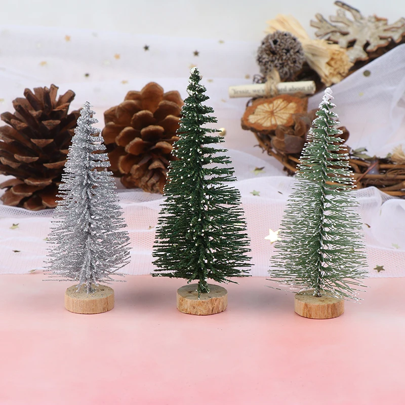 3 Pieces Christmas Tree Mini Pine Tree With Wood Base DIY Home Table Top Decor Miniatures S/L (7/9cm )