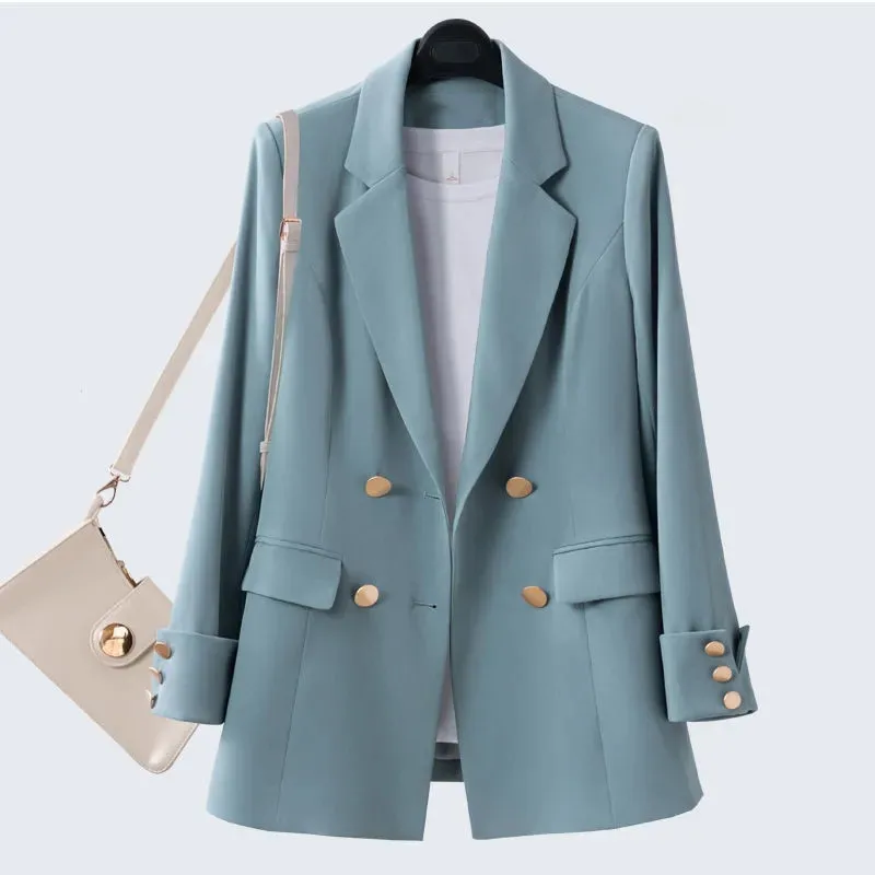 

Women Blazer Coat Vintage Double Breasted Long Sleeve Office Wear Suit Jacket 2021 Fashion Blazers Female Outerwear Chic Tops