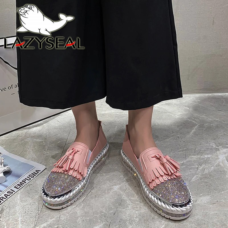 LazySeal 2021 mocassini con frange scarpe donna lusso cristallo Slip on Platform appartamenti Casual Plus Size 43 tacchi piatti Sneakers Mujer