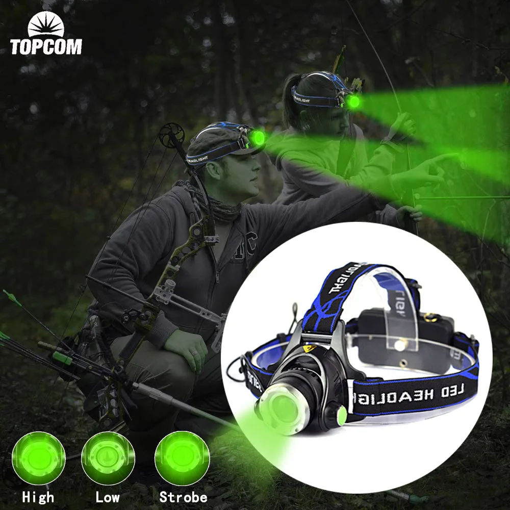 

TopCom Powerful 5W Green Light LED Headlamp Portable USB Rechargeable Zoom Headlight Adjustable Head Torch For Camping Hunting