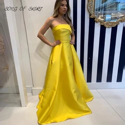 Customized Elegant Plain Floor Length Festival Prom Party Dresses For Women Simplicity Yellow Tube Top Evening Gown Robe De Soir