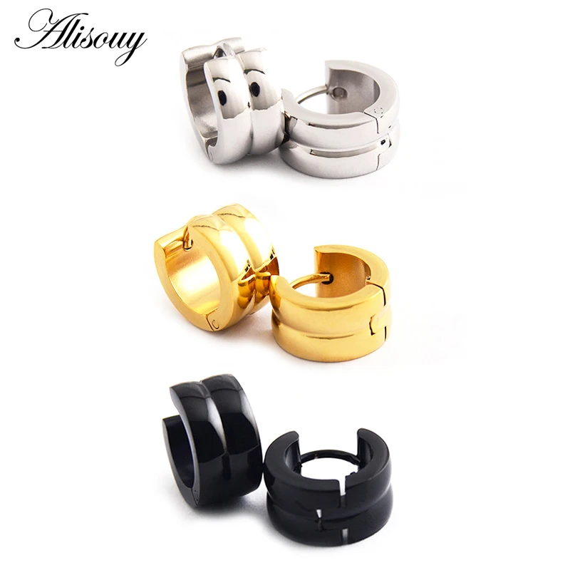 Alisouy 2pcs Black Gold Color Wide Hoop Earing stainless steel Circle Piercing Huggies earring set for women men Korean Jewelry