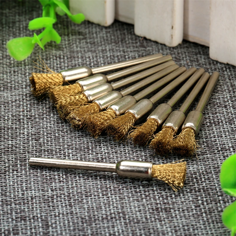 

10Pcs 6mm Pen Shape Brass Wire Cleaning Polishing Brushes Wheel 3mm/ 3/25" Shank for Grinder Drill Power Rotary Abrasive Tools