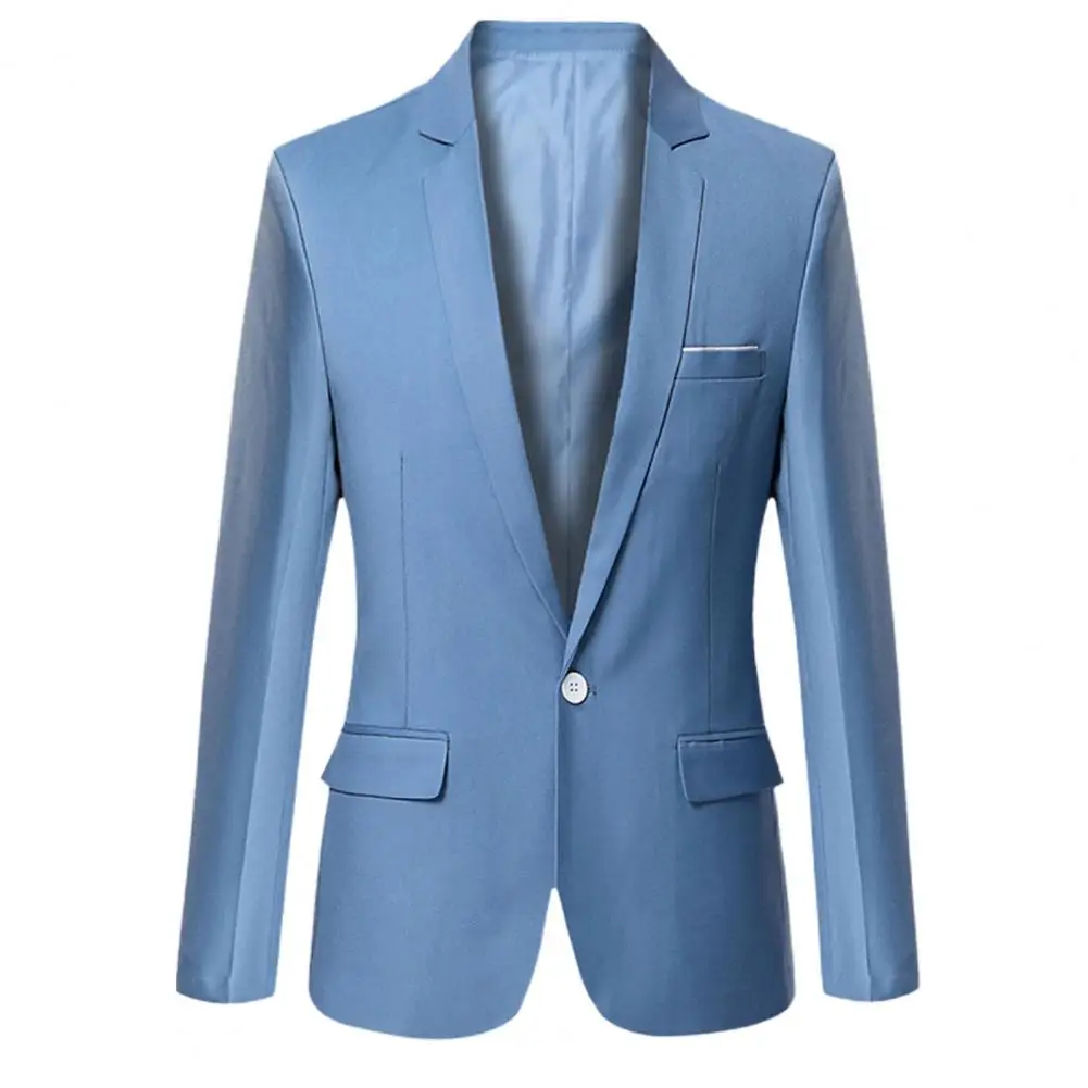 Flap Pockets Long Sleeve Men Blazer Solid Color Single Button Lapel Suit Jacket Male Clothing