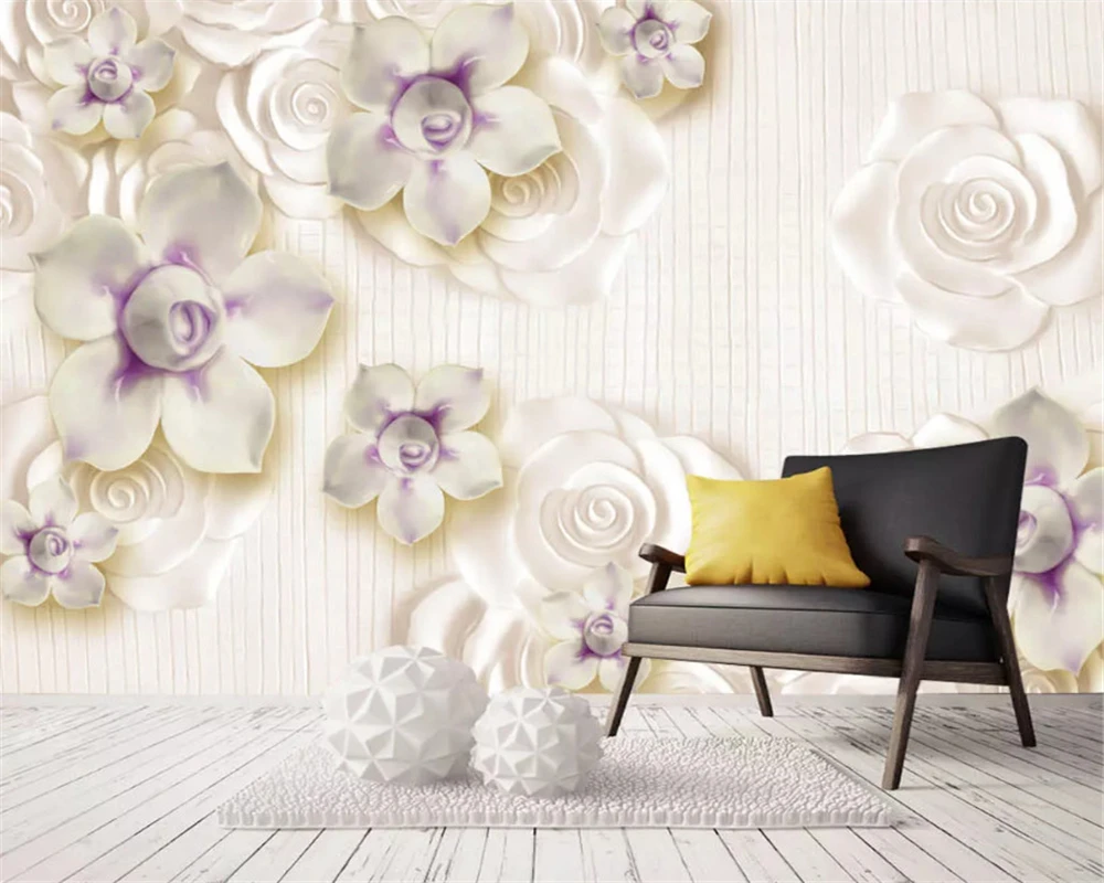 

WELLYU3D Modern environmental three-dimensional wallpaper jade carving white orchid flower Chinese style wall papers home decor