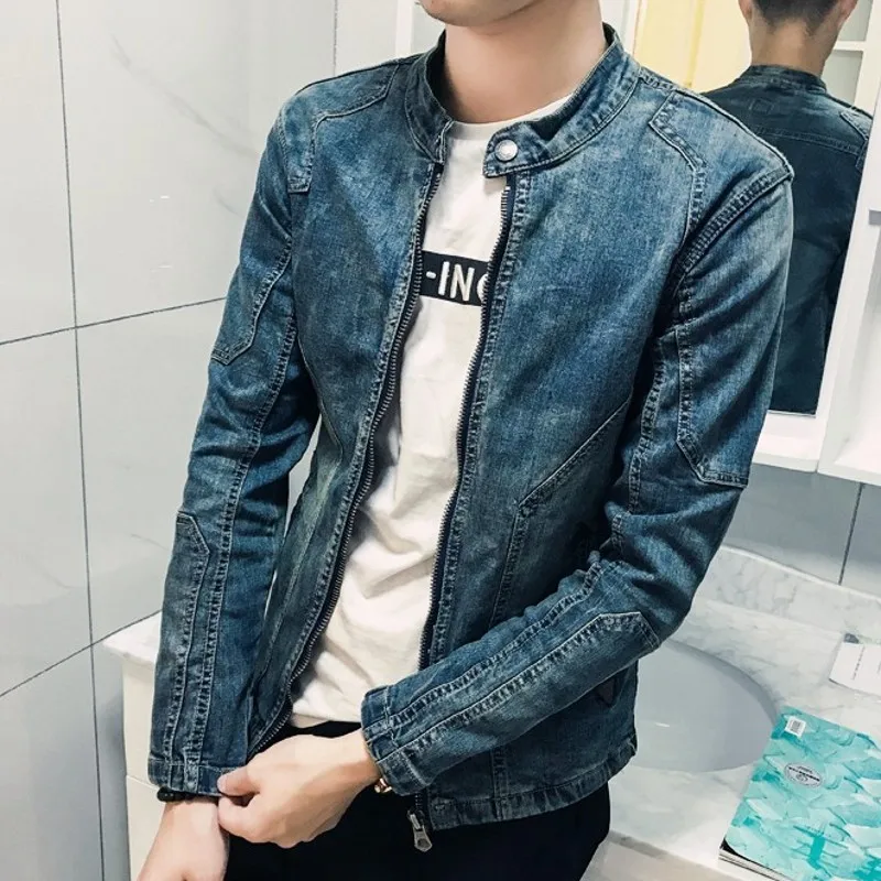 Spring Autumn New Long Sleeve Zipper Mens Denim Jackets Fashion Stand Collar Slim Fit Casual Cowboy Outerwear Coats