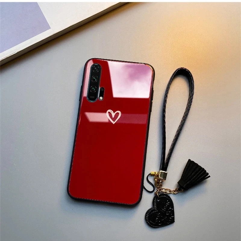 For Samsung Galaxy A7 A8 A6 A9 2018 Case Free strap Red Black Heart Hard Glass Cover For Samsung A6 A8 Plus 2018 Casing