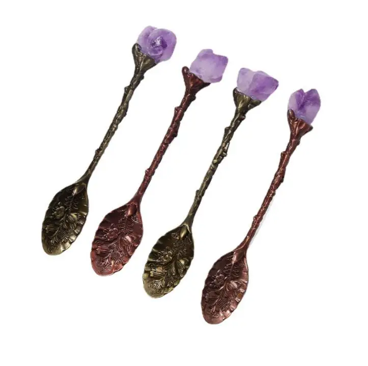 Natural Crystal Spoon Amethyst Hand Carved Long Handle Coffee Mixing Spoon DIY Household Tea Set Accessories SN2095