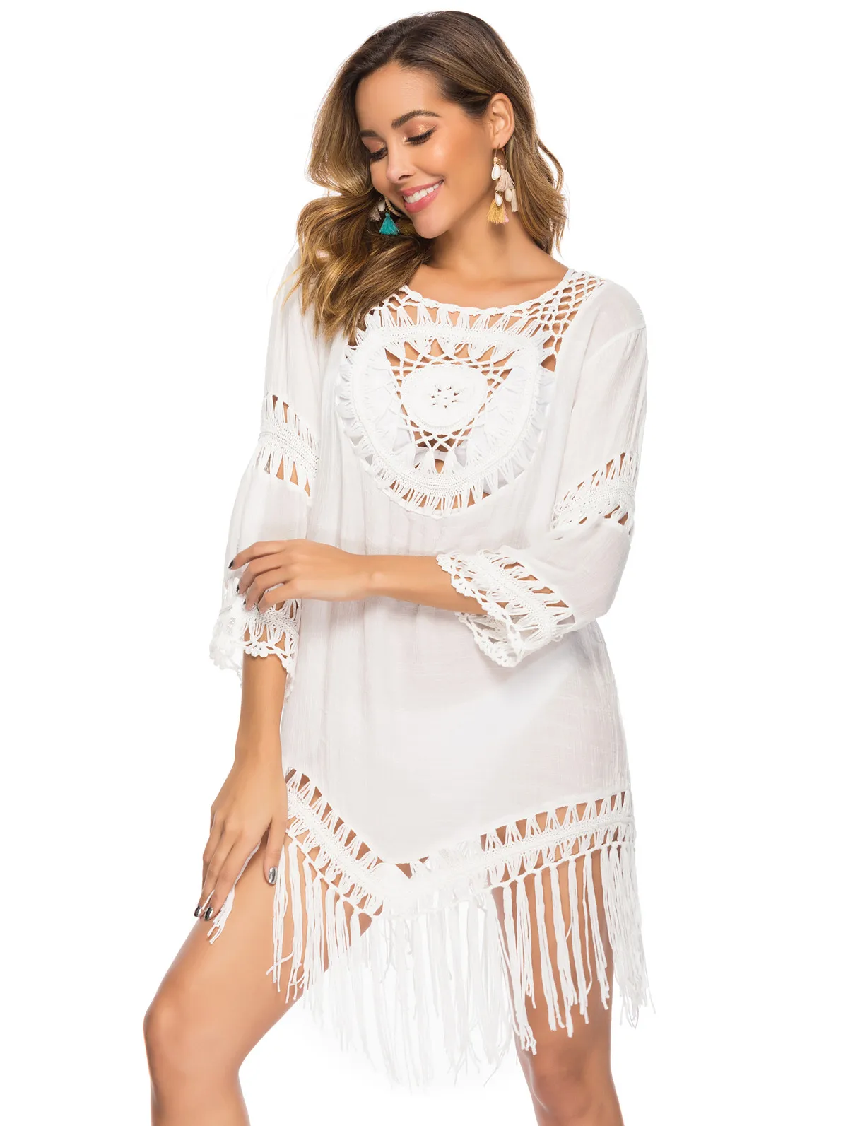 Vestidos H80 y S90 para mujer, novedad de 2019, vestido blanco elegante, vestidos de playa con borlas, ropa informal Bohemia, camisetas sin mangas