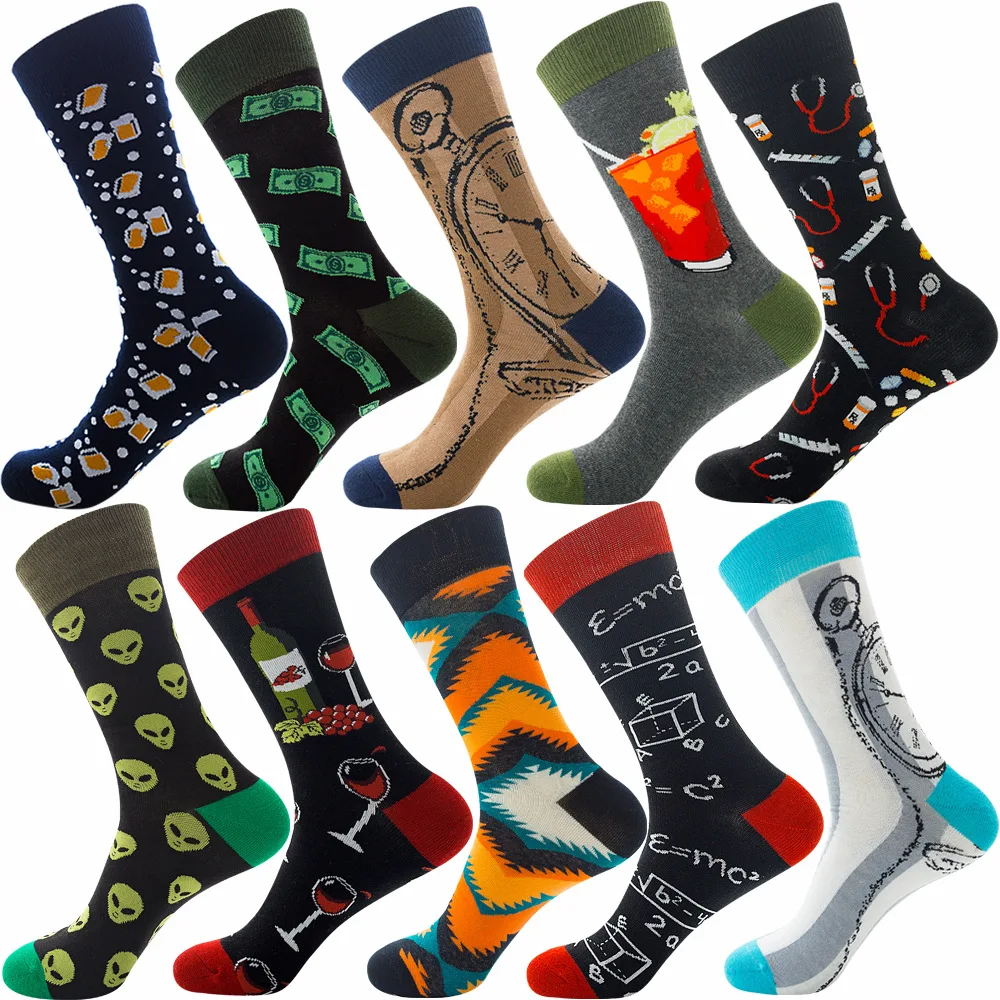 10Pairs Sets Funny Socks Men Novelty Striped Animals Fruits Cotton Men Crew Socks Harajuku Hip Hop Party Couple Socks Wholesale