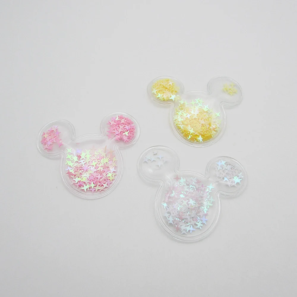 60 pz/lotto Fantasy IN PVC Trasparente Del Mouse Testa di patch applique con il Cuore di Paillettes Per I Vestiti Clip di Copricapi Accessori