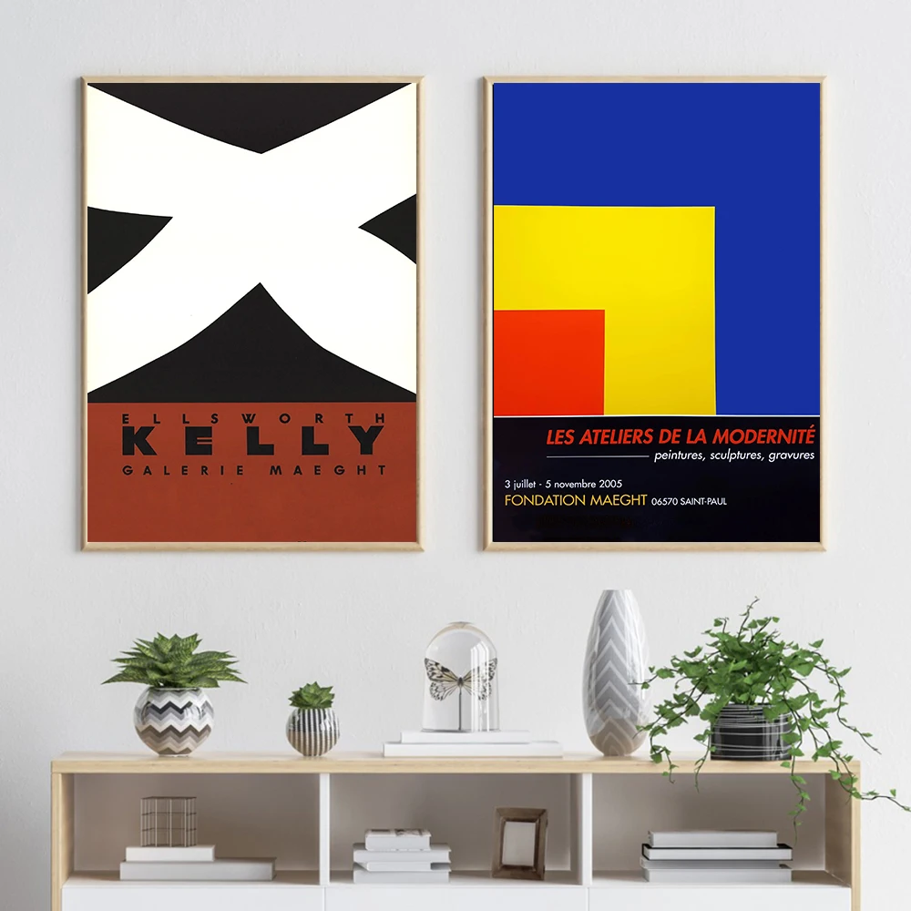 ملصقات فنية لمعرض علبة مخطط باللونين الأسود والأحمر والأصفر من Ellsworth Kelly، جدران تجريدية عتيقة مطبوعة آرت ديكو