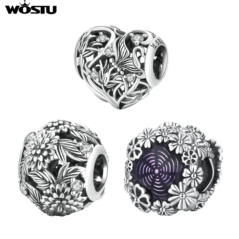 WOSTU 925 Sterling Silver Pendant Charms Embossed Flowers Beads Zicon DIY Fit Original Women Bracelet Necklace S925 Jewelry