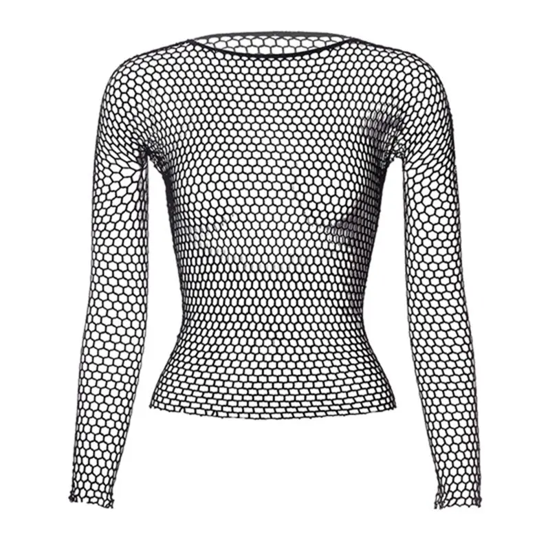 

Women Fishnet Mesh See-through Black Shirts New Fashion Bodystocking Night Dress Hollow Out Fishnet Sexy Long Sleeve Underwear