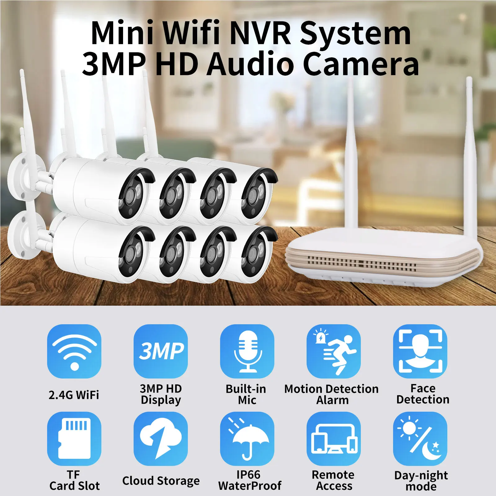 H.265 Wireless CCTV System 8CH 3MP NVR 3.0MP Outdoor Wifi IP Security Camera Face Detection Audio Video Surveillance Kit