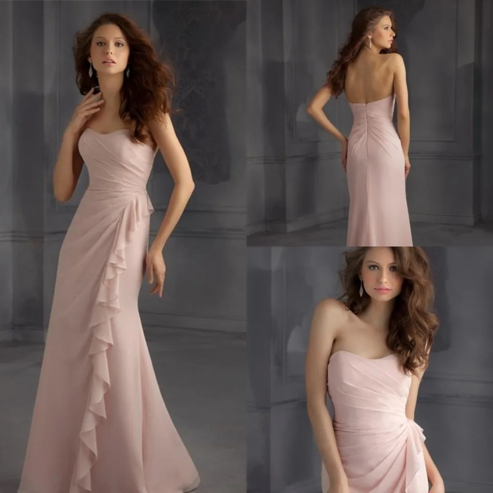 Vestido de dama de honor largo de gasa rosa con escote Corazón, vestido de sirena plisado con volantes, novedad de moda, vestido de madrina 2015