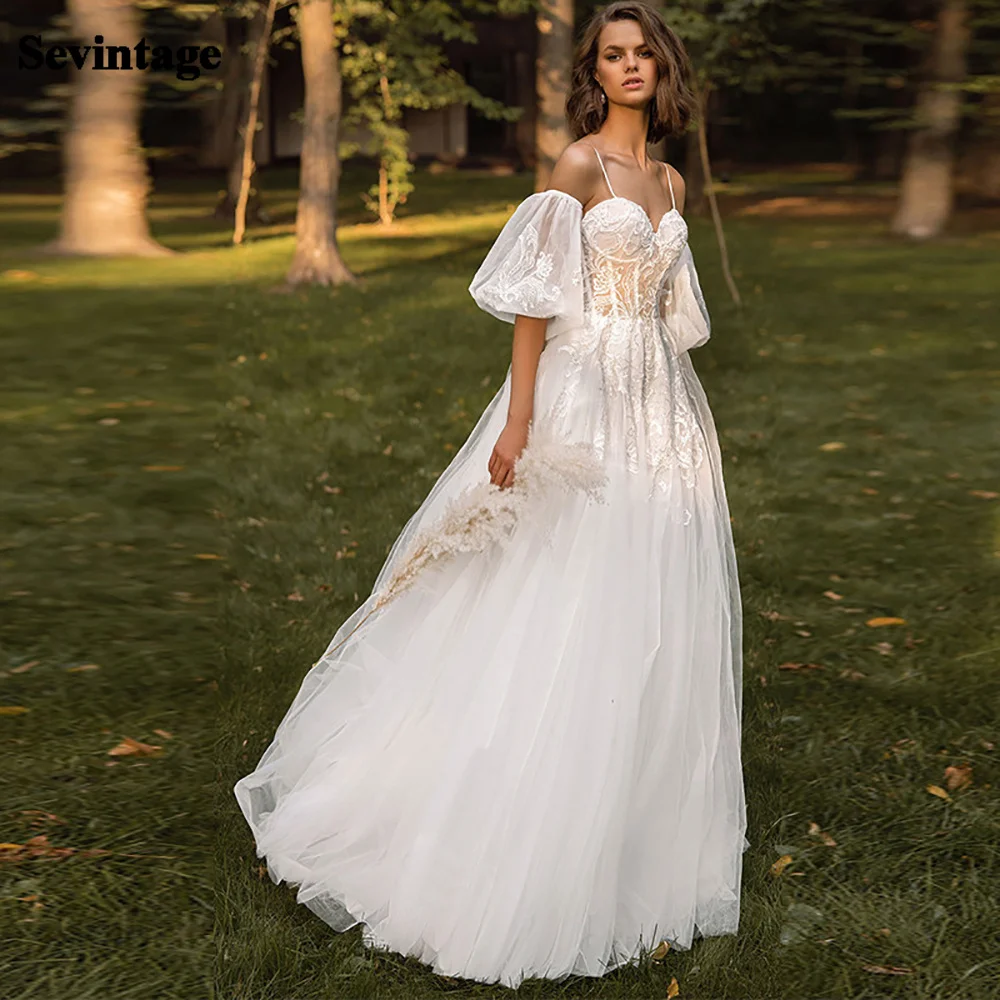 Sevintage – robe de mariée ligne A, manches bouffantes, en dentelle, dos nu, bretelles Spaghetti, sur mesure