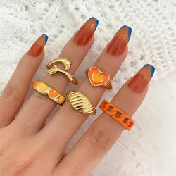 KISSWIFE Ins Style Gold Color Silver Color Orange Rings Set For Women Girls Hug Ring Heart Geometric Finger Ring Fashion Jewelry