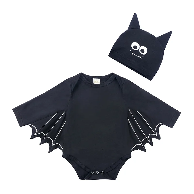 Infant Baby Halloween Clothing Black Bodysuit Bat Design Bebe Boy Girl Cotton Jumpsuit With Hat 2pcs Set Hallowmas Costumes