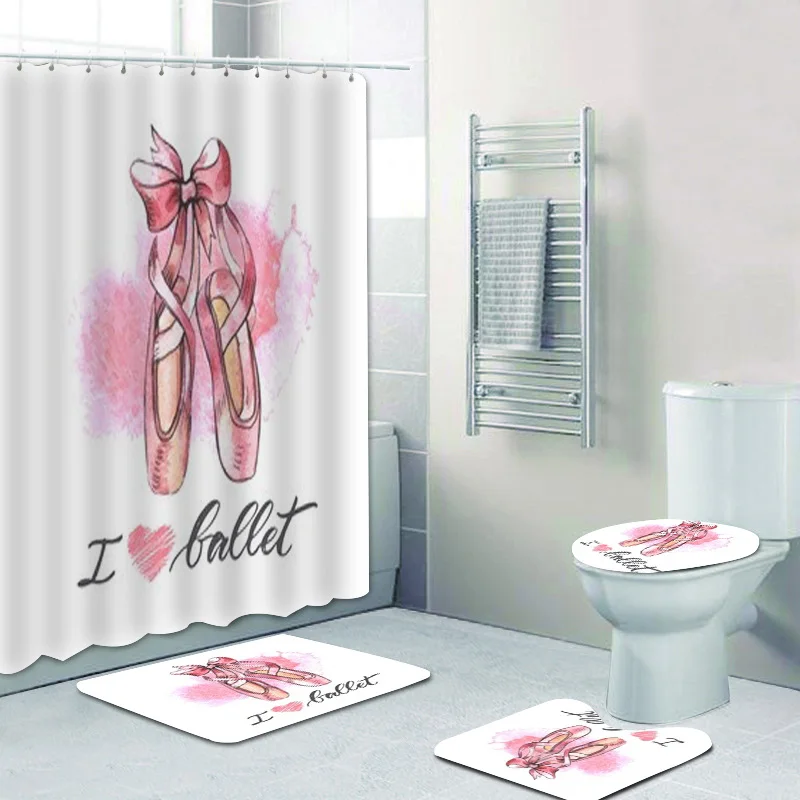 Girly Pink I Love Ballet Dance Shower Curtain Waterproof Ballet Bathroom  Curtain for Ballerina Bath Mat Rug Carpet Gift Decor