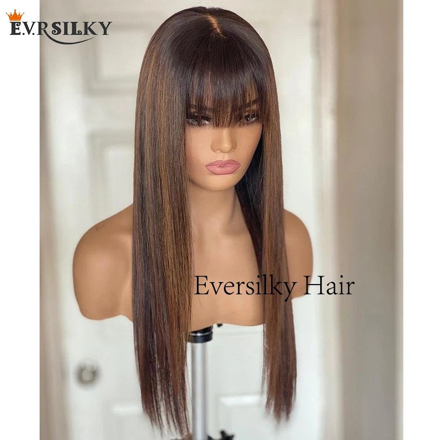 

200Density Silky Straight Fringe Human Hair Wigs with Bangs Pre Plucked Highlight Brown 13x6 Deep Part Lace Front Wigs Remy Hair