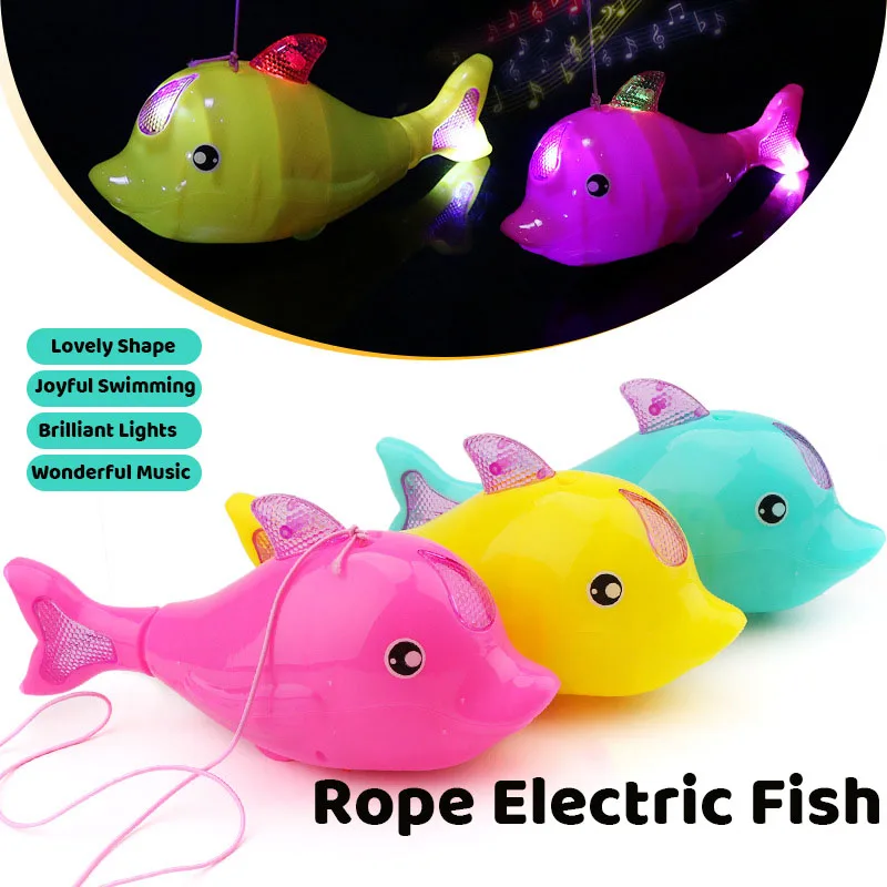 Brinquedos animais elétricos puxar corda luminosa peixe com luz música em movimento com tração corda balanço peixes animais brinquedos do bebê crianças presentes