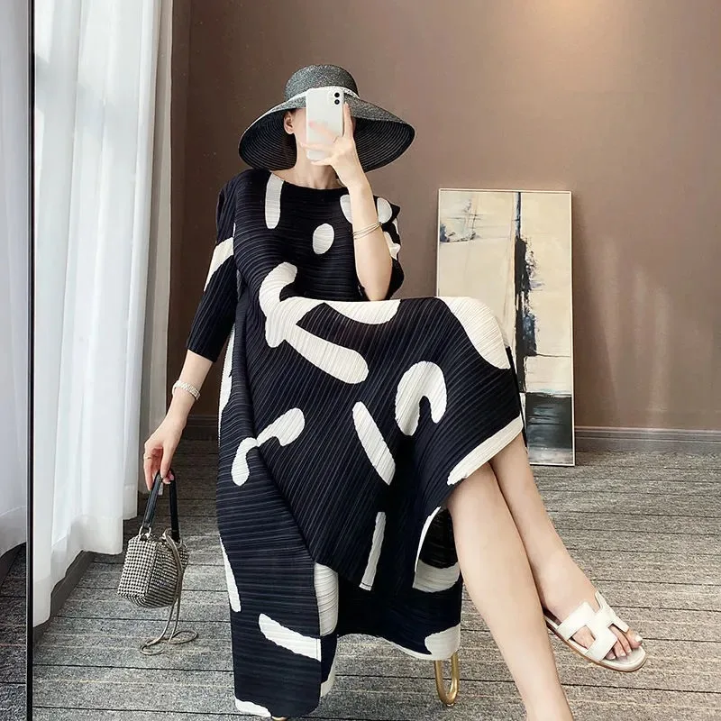 IHOBBY Women Pleated Dress New Fashion Summer Three Quater Sleeve Large Size Print Stretch Folded  Dresses For Female