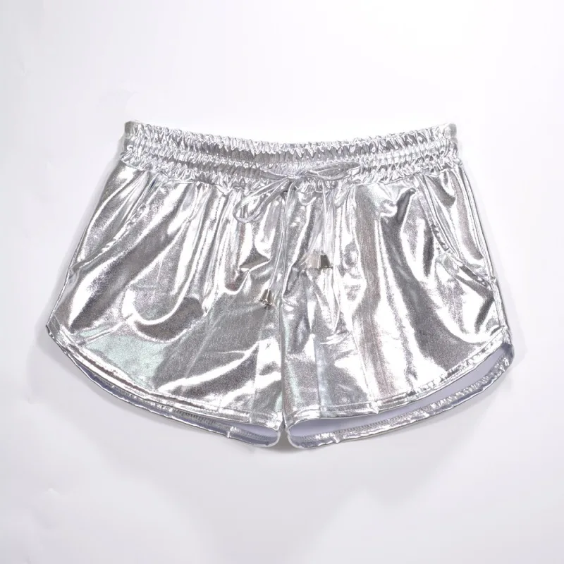 Women's Shiny Metallic Hot Shorts, Holographic Wet Look, Casual Elastic Drawstring, Festival Rave Booty Shorts, Summer