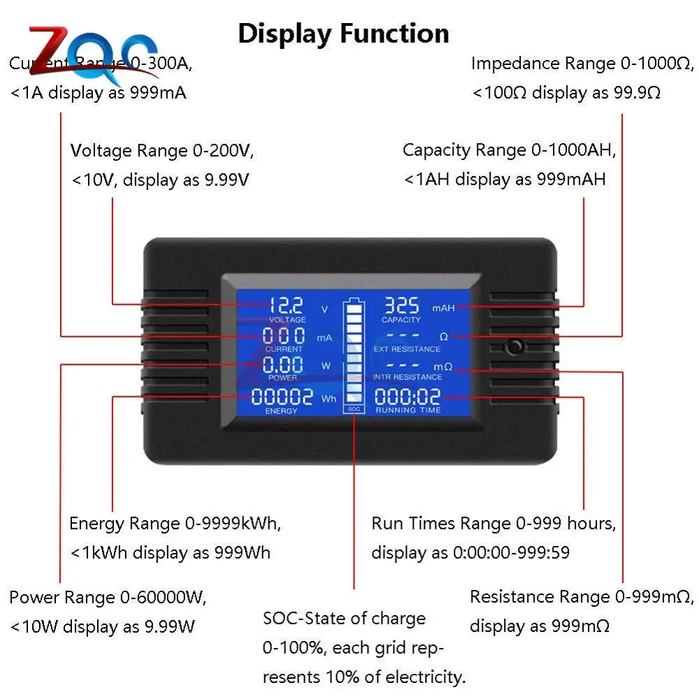 DC 0-200V 0-300A Digital Voltmeter Ammeter Car Battery Tester Capacity Resistance Voltage Current Power Energy Meter Monitor