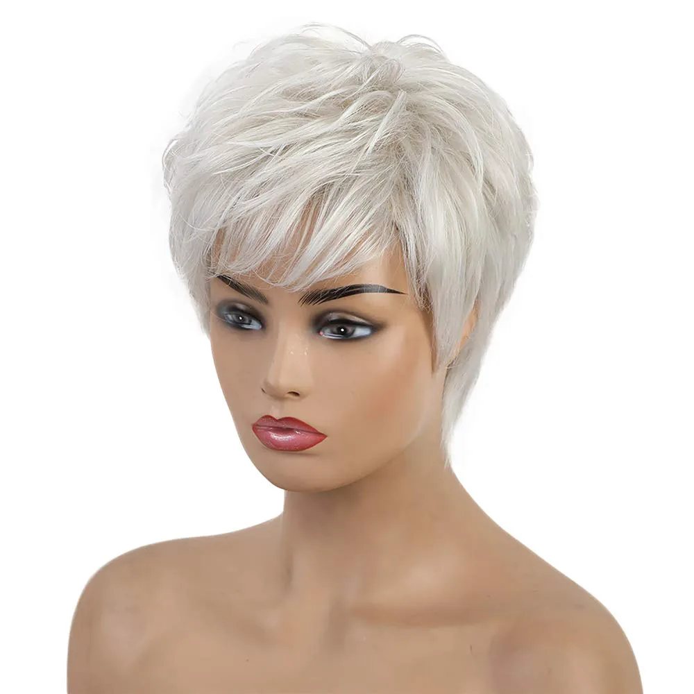 Silver Grey Wig Short Natural Straight Synthetic Wigs for White Women Fake Hair Wig Natural Looking Heat Resistant Fiber