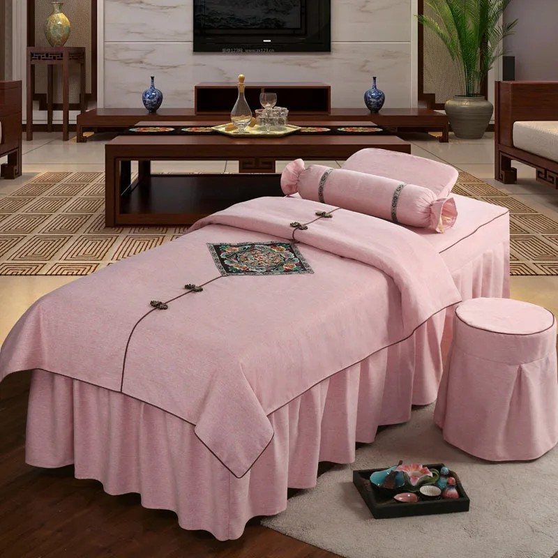 Beauty Salon Bed Cover Four-piece Color Cotton and Linen Shampoo Massage Physiotherapy Body SPA Beauty Salon