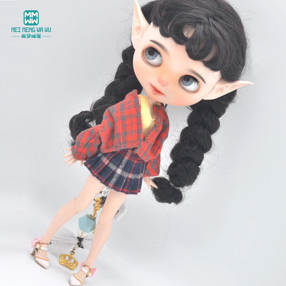 Clothes for Doll Fits Blyth Azone OB22 OB24 Doll Fashion Woolen Jacket Plaid Top Blue, Green, Black, Gray