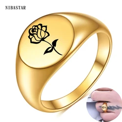 Engraved Flower Silver/Gold/Black Stainless Steel Chunky Round Signet Ring For Women